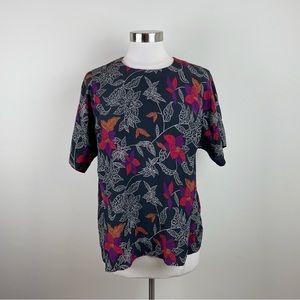 Vintage Innervisions By Ship N Shore Black Purple Floral Blouse Top Women 14